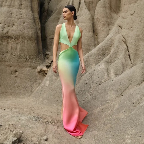 NEW NWT Baobab Rafia Cutout Maxi Dress In Tauro Rainbow - Picture 1 of 16